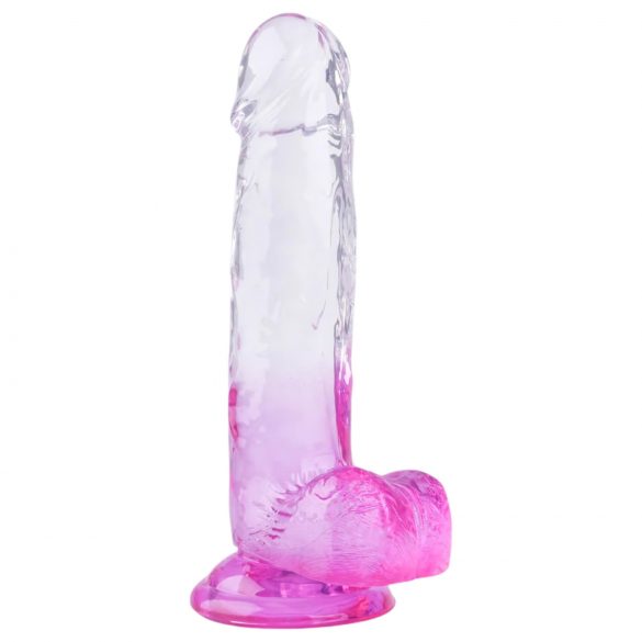 Sunfo - piesūcekņa pamatne, reālistisks sēklinieku dildo - 22 cm (caurspīdīgs-violets)