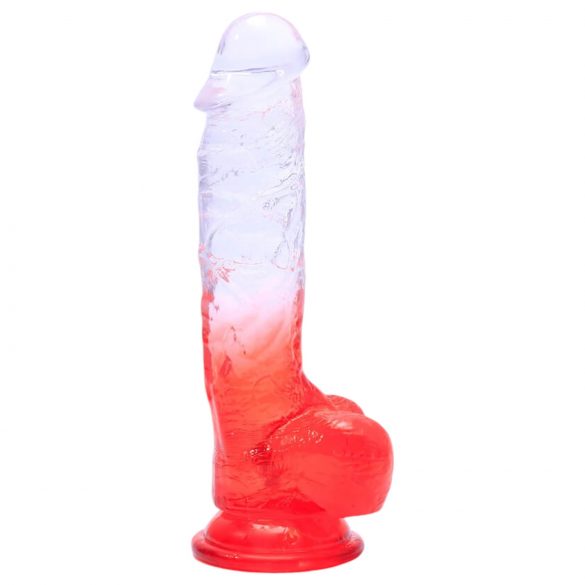 Sunfo - piesūcekņa dildo ar sēkliniekiem - 21 cm (caurspīdīgs-sarkans)