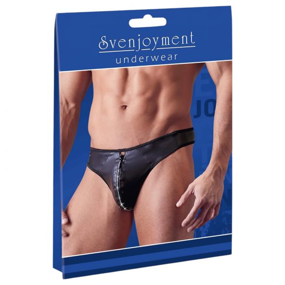 Svenjoyment - spīdīgas vīriešu tanga biksītes ar strāzi rāvējslēdzēju (melns)  - 2XL