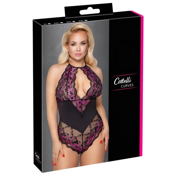 Cottelli Plus Size - ziedu rakstu bodijs (melns-violets)