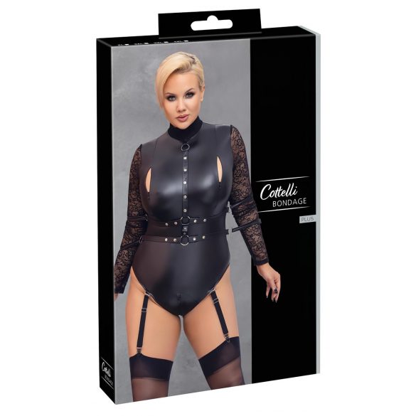 Cottelli Bondage Plus Size - Mežģīņu piedurkņu bodijs (melns) - 3XL